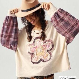 Plaid Sleeve Flower Patch Top - Boho